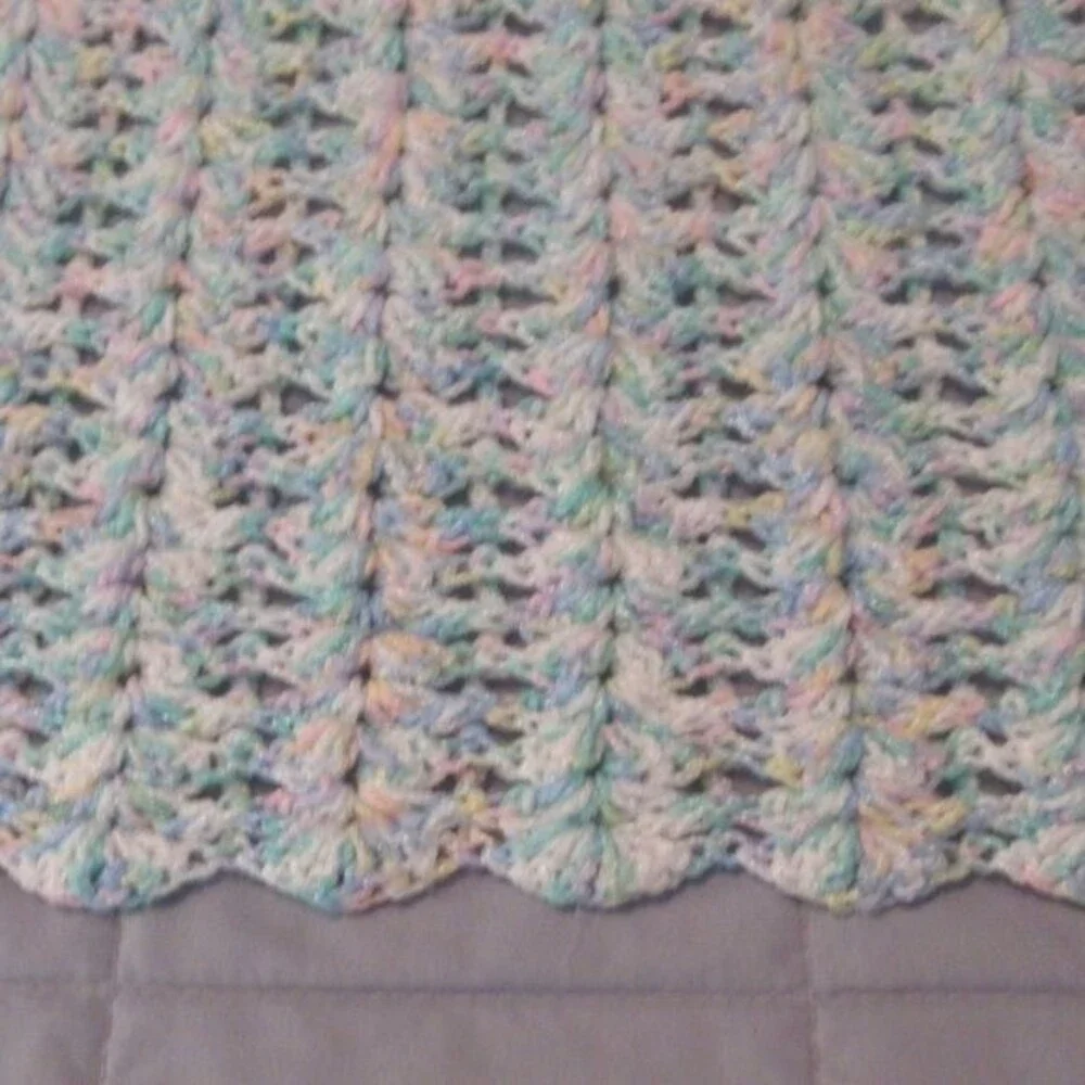 Handmade Crochet Afghan‎ Throw Baby Blanket 47x64 Pink Blue Green Scalloped Ends